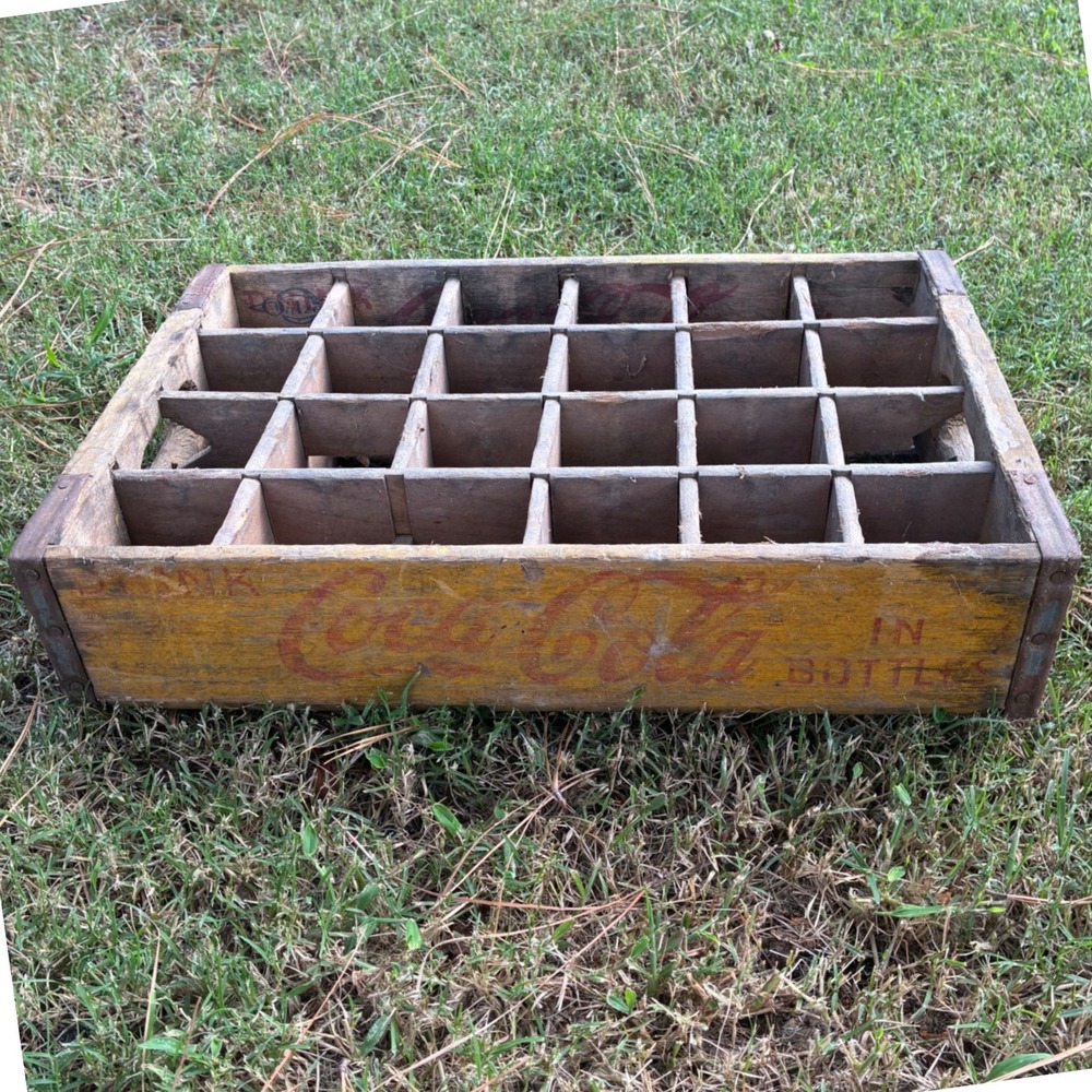 Vintage Coca-Cola Wooden Soda Crate 24 Slot Yellow Metal Reinforced Carrier